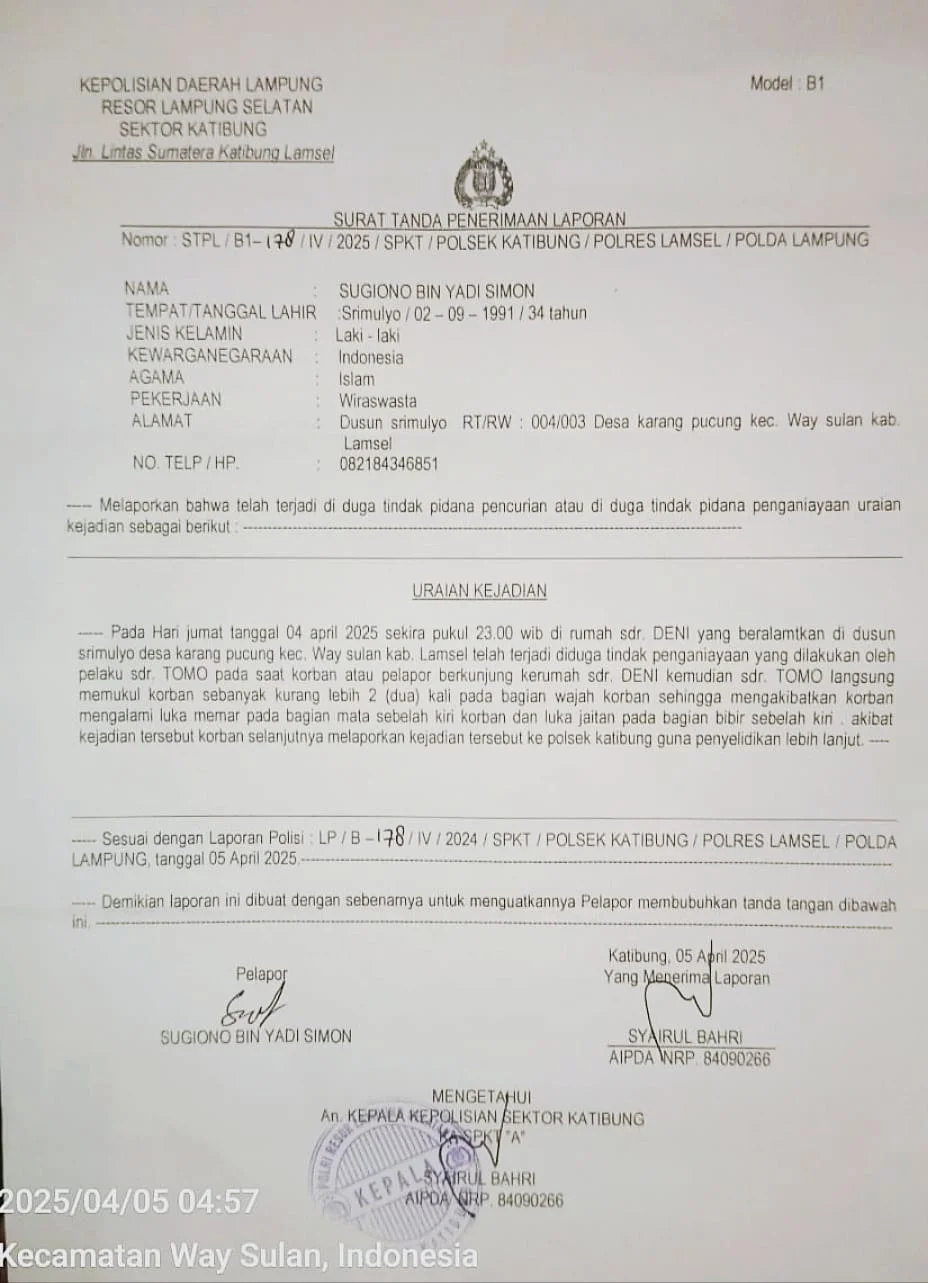 Lakukan Tindakan Kekerasan Hingga Sebabkan Luka, Tomo di Laporkan ke Mapolsek Katibung